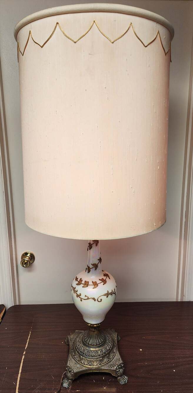Vintage 41" Claw Foot Lamp White Prismatic Glass Gold Leaves Shade Included